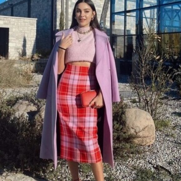 Zara Preppy Workwear Career High Waist Pencil Skirt Pink Red Plaid Medium - Picture 3 of 14